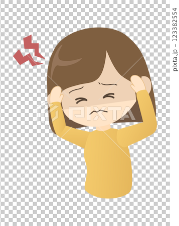 Illustration of a woman holding her head with a headache 123382554