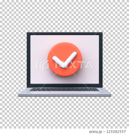 3D Approval or Successful Completion Sign. Round red check mark on laptop screen. 123382557