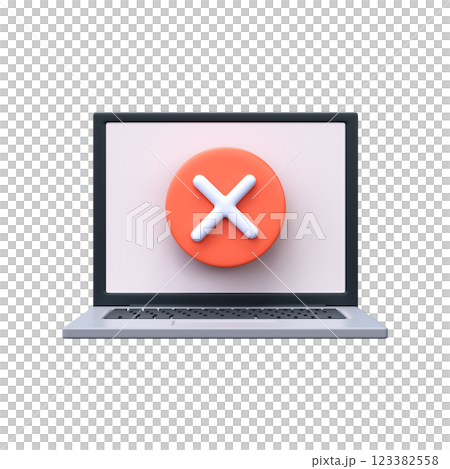 Error, cancellation or exit icon in 3D style. Laptop and round red cross icon. Error, cancellation or exit icon in 3D style. Laptop and round red cross icon. 123382558