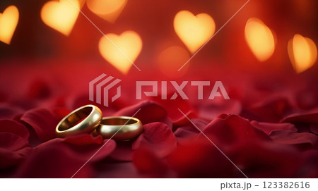 Two golden wedding rings lying on red rose petals with heart shaped bokeh background 123382616