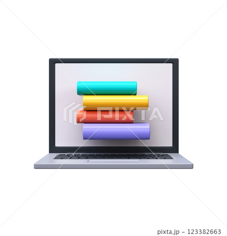 Online learning or ebooks concept. Laptop with stack of books 3d 123382663
