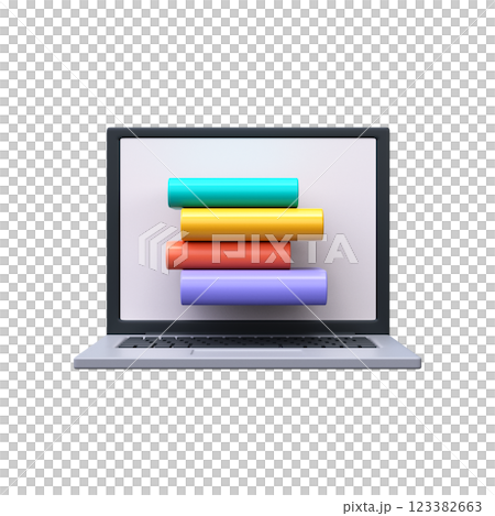 Online learning or ebooks concept. Laptop with stack of books 3d 123382663