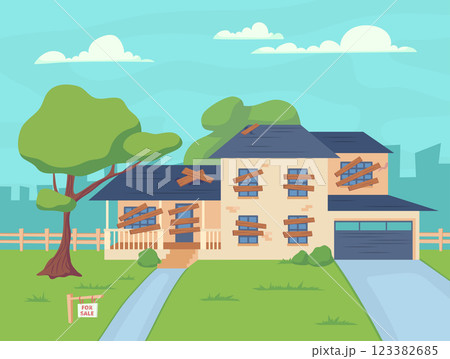 Cartoon Color Abandoned Cottage on a Landscape Scene Concept Flat Design Style. Vector illustration of Old Dilapidated Suburban House 123382685