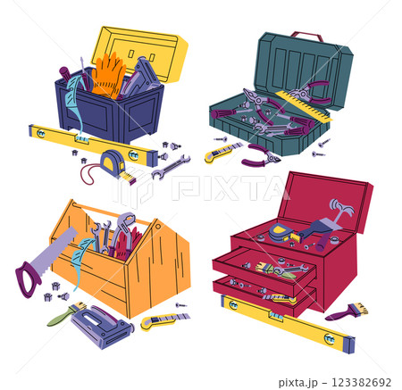Cartoon Color Different Construction Toolkit Boxes Set Repair Master Implement Tool Box Concept Flat Design Style. Vector illustration of Toolbox 123382692