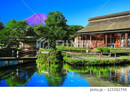 【山梨県】夏の富士山(赤富士)と忍野八海池(中池) 【山梨県】夏の富士山(赤富士)と忍野八海池(中池) 123382748