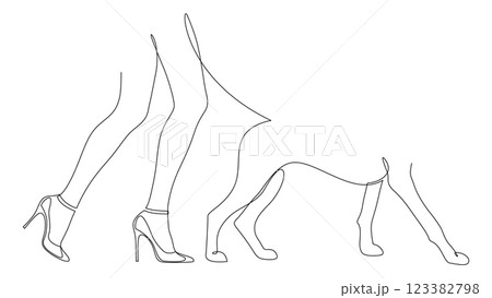Continuous one line drawing of female legs and dog paws on a walk. Girl in high heels walking around the city with a dog. Elegant abstract single line illustration, editable stroke. 123382798