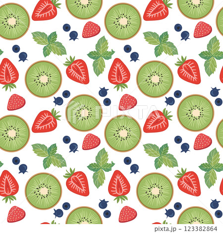 seamless pattern with  fruits, strawberry, kiwi, blueberry, mint leaves 123382864