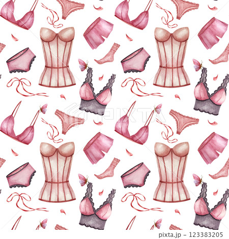 Seamless Pattern with Pink purple underwear, panties and lace socks. Women corset, pyjamas. Watercolor illustration isolated from background. Perfect for wrapping paper, packaging in lingerie stores Seamless Pattern with Pink purple underwear, panties and lace socks. Women corset, pyjamas. Watercolor illustration isolated from background. Perfect for wrapping paper, packaging in lingerie stores 123383205