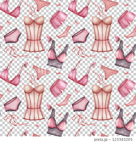 Seamless Pattern with Pink purple underwear, panties and lace socks. Women corset, pyjamas. Watercolor illustration isolated from background. Perfect for wrapping paper, packaging in lingerie stores 123383205