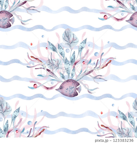 Watercolor seamless marine pattern with fish, seaweeds on wavy blue stripes isolated on white. Sea waves on nautical repeated background hand painted for beach style fabric, packaging, wallpaper. 123383236