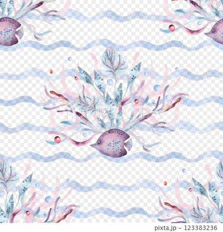 Watercolor seamless marine pattern with fish, seaweeds on wavy blue stripes isolated on white. Sea waves on nautical repeated background hand painted for beach style fabric, packaging, wallpaper. 123383236