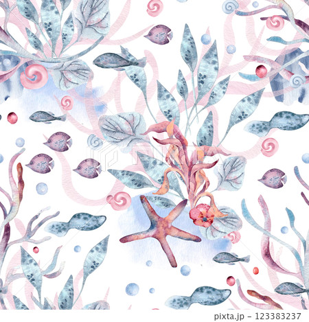 Seabed in soft pastel tones on seamless watercolor pattern with fish, starfish, and sea plants on white. Ocean underwater world repeated background hand painted for beach decor, summer textiles. Seabed in soft pastel tones on seamless watercolor pattern with fish, starfish, and sea plants on white. Ocean underwater world repeated background hand painted for beach decor, summer textiles. 123383237