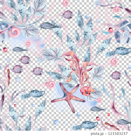 Seabed in soft pastel tones on seamless watercolor pattern with fish, starfish, and sea plants on white. Ocean underwater world repeated background hand painted for beach decor, summer textiles. 123383237