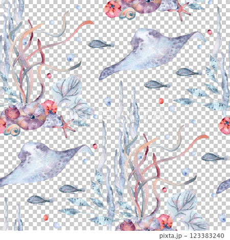 Underwater repeat texture of marine life, stingrays, fish, and seaweed in soft pastel colors watercolor on white. Ocean creatures hand drawn seamless pattern for marine design print, home textile. 123383240