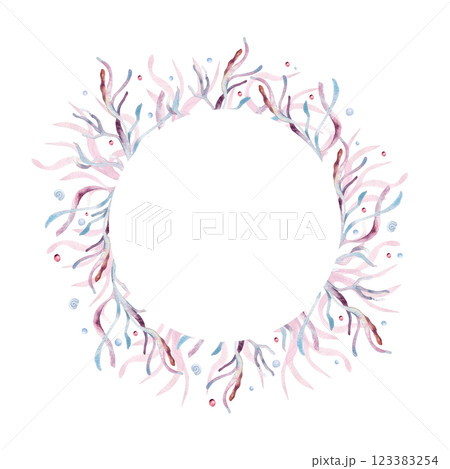 Undersea circle frame in pink monochrome with coral, seaweed and sea plants watercolor isolated . Marine botanical wreath with bubbles in dusty pink tones hand drawn. Sea frame for nautical design. 123383254