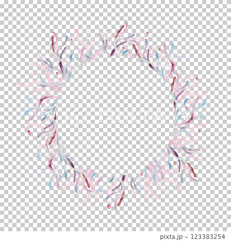 Undersea circle frame in pink monochrome with coral, seaweed and sea plants watercolor isolated . Marine botanical wreath with bubbles in dusty pink tones hand drawn. Sea frame for nautical design. 123383254