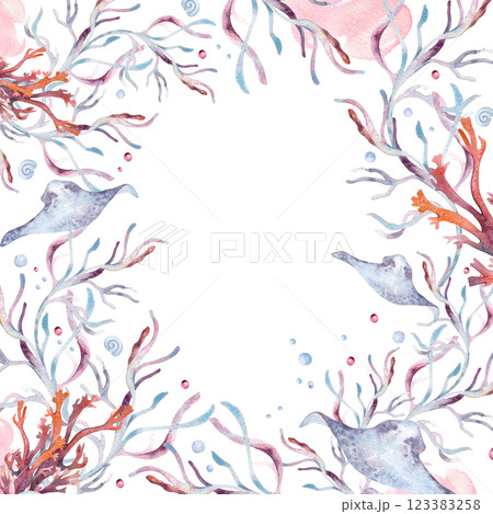Underwater dusty pink monochrome frame with coral, stingray, and sea plants watercolor illustration isolated . Marine life fishes and bubbles in dusty blue tones hand drawn. Sea life template card Underwater dusty pink monochrome frame with coral, stingray, and sea plants watercolor illustration isolated . Marine life fishes and bubbles in dusty blue tones hand drawn. Sea life template card 123383258
