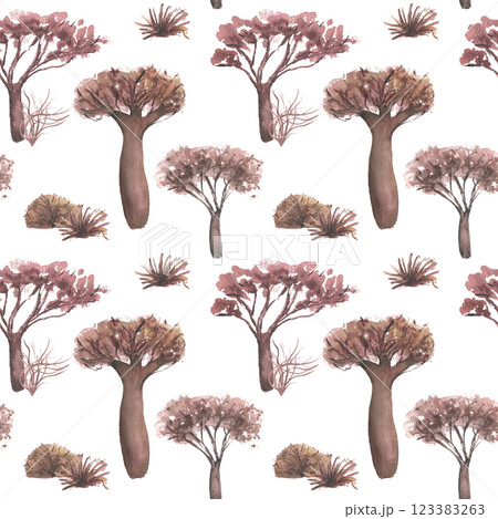 Seamless background with African baobabs and acacias hand painted isolated on white. Watercolor savanna landscape in warm earthy colors. Design for safari themed patterns, boho and travel prints. 123383263