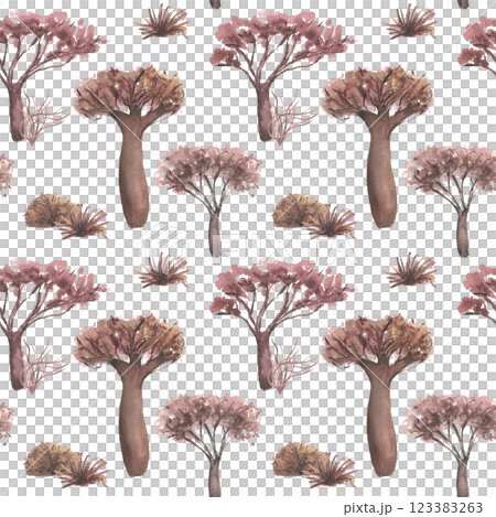 Seamless background with African baobabs and acacias hand painted isolated on white. Watercolor savanna landscape in warm earthy colors. Design for safari themed patterns, boho and travel prints. 123383263