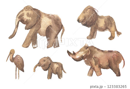 African wildlife watercolor monochrome set with hand painted animals: elephant, lion, rhino, baby elephant, and bird isolated. Safari illustrations in warm brown tones for prints, nursery decor. 123383265