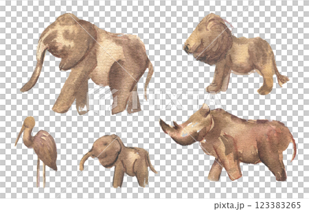 African wildlife watercolor monochrome set with hand painted animals: elephant, lion, rhino, baby elephant, and bird isolated. Safari illustrations in warm brown tones for prints, nursery decor. 123383265