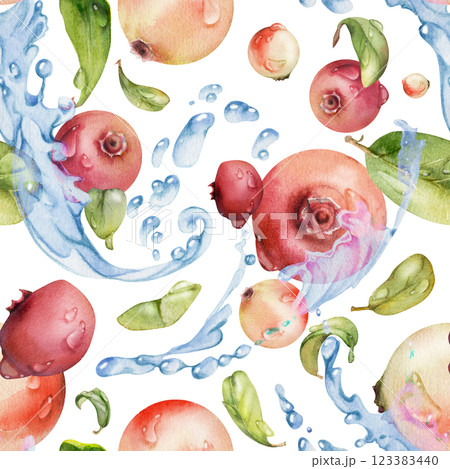 Cranberry lingonberry flying in water splash with green leaves and dew drops, ripe summer forest berry. Isolated seamless pattern hand drawn in watercolor. Textile paper, dessert menu, farmers market 123383440