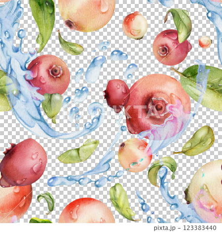Cranberry lingonberry flying in water splash with green leaves and dew drops, ripe summer forest berry. Isolated seamless pattern hand drawn in watercolor. Textile paper, dessert menu, farmers market 123383440