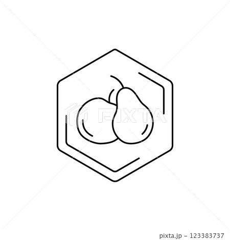Pear and apple icon inside hexagonal frame on white background. Vector fruit black line pictogram. Tropical themes, fruits, pollen, field honey in a minimalistic style. 123383737