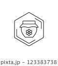 Honey jar icon with hexagonal outline in black and white. Vector black line pictogram. Tropical themes, pollen, field honey in a minimalistic style 123383738