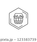 Honey barrel line icon in hexagonal frame on white background. Vector black line pictogram. Tropical themes, pollen, field honey in minimalistic style 123383739