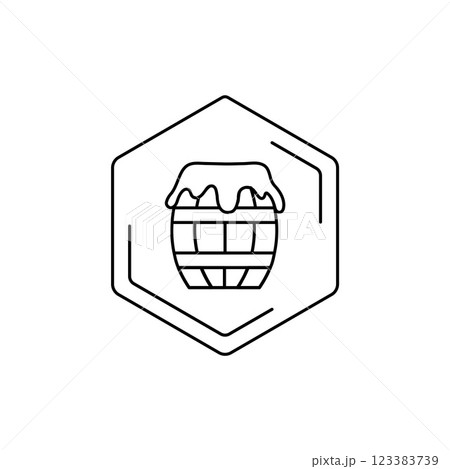 Honey barrel line icon in hexagonal frame on white background. Vector black line pictogram. Tropical themes, pollen, field honey in minimalistic style Honey barrel line icon in hexagonal frame on white background. Vector black line pictogram. Tropical themes, pollen, field honey in minimalistic style 123383739