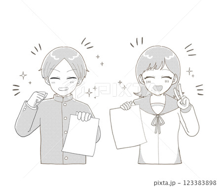 笑顔で結果を見せる男子学生と女子学生 123383898