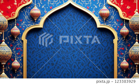 青と金の豪華なイスラム風背景 123383929