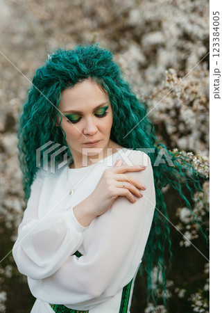 young girl bride with green hair in a national dress young girl bride with green hair in a national dress 123384005