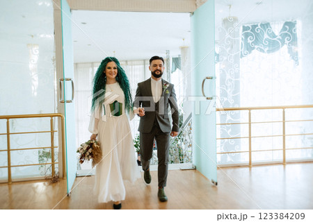 meeting of the bride and groom in the hotel meeting of the bride and groom in the hotel 123384209
