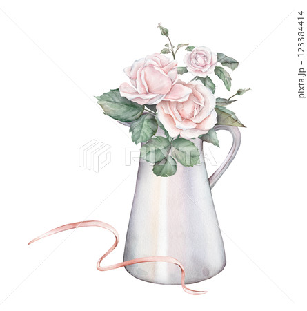 Watercolor composition from white cream roses and green leaves in jug and ribbon. Hand drawn illustration isolated white background. Element hand painted plant twigs with light pink rose for design 123384414