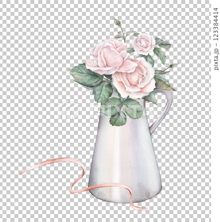 Watercolor composition from white cream roses and green leaves in jug and ribbon. Hand drawn illustration isolated white background. Element hand painted plant twigs with light pink rose for design 123384414