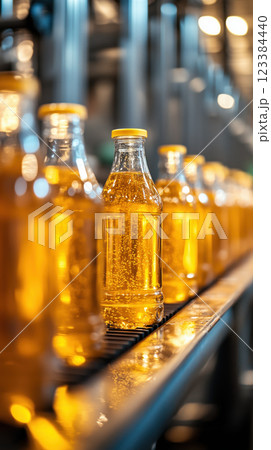 Automated juice bottling line in modern factory with glass bottles 123384440