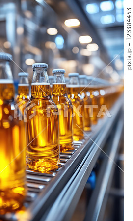Automated bottling line with glass bottles of amber liquid in factory 123384453