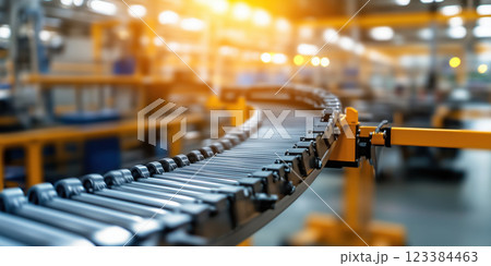 Conveyor system with metal rollers industrial setting, showcasing efficiency and productivity 123384463