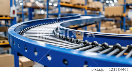 Automated roller conveyor system in warehouse with metal rollers 123384465