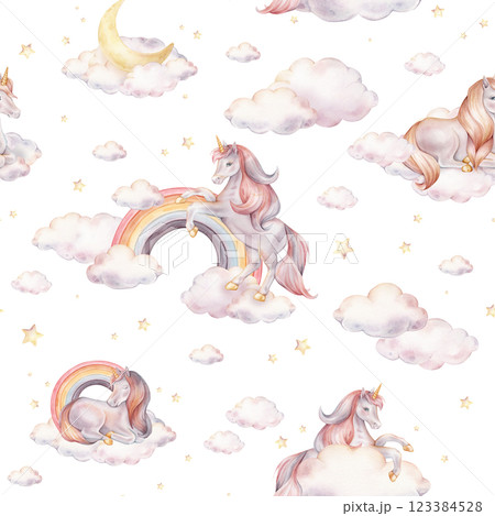 Seamless watercolor pattern with Unicorn and yellow stars, and clouds, rainbow. Hand drawn Illustrations of background for nursery wallpaper, baby textiles, or children paper. Pastel colors pony Seamless watercolor pattern with Unicorn and yellow stars, and clouds, rainbow. Hand drawn Illustrations of background for nursery wallpaper, baby textiles, or children paper. Pastel colors pony 123384528