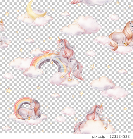 Seamless watercolor pattern with Unicorn and yellow stars, and clouds, rainbow. Hand drawn Illustrations of background for nursery wallpaper, baby textiles, or children paper. Pastel colors pony Seamless watercolor pattern with Unicorn and yellow stars, and clouds, rainbow. Hand drawn Illustrations of background for nursery wallpaper, baby textiles, or children paper. Pastel colors pony 123384528