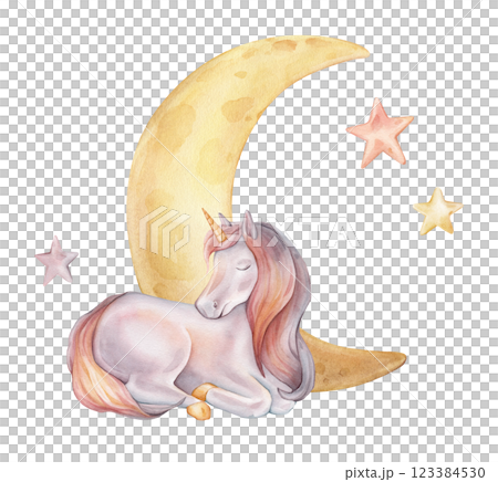 Watercolor hand drawn illustration of the Unicorn sitting on background moon, stars. Cute rainbow color horse for Baby shower invitations or nursery wall art. Pastel Fantasy pony for kids cards. Watercolor hand drawn illustration of the Unicorn sitting on background moon, stars. Cute rainbow color horse for Baby shower invitations or nursery wall art. Pastel Fantasy pony for kids cards. 123384530