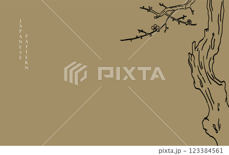 Black and white cherry blossom flower tree or sakura branch and tree elements. Japanese background with Asian traditional icon vector. Natural art with brown background in vintage style. Black and white cherry blossom flower tree or sakura branch and tree elements. Japanese background with Asian traditional icon vector. Natural art with brown background in vintage style. 123384561