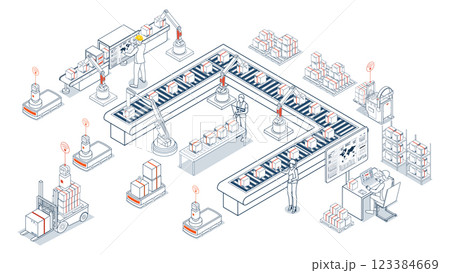 Autonomous Robots in Logistics. Streamlining product delivery from suppliers to customers through automated warehouse operations and forklifts. 123384669