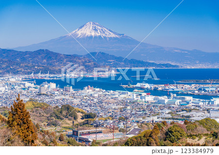 【静岡県】日本平から眺める、清水区の街並みと富士山 【静岡県】日本平から眺める、清水区の街並みと富士山 123384979