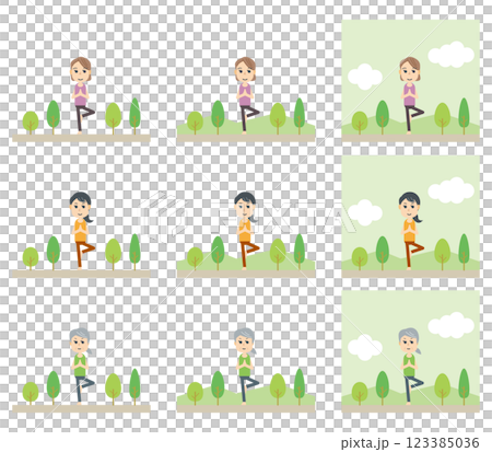 人們在四季、健康、運動的大自然中做瑜珈姿勢 123385036