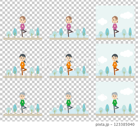 人們在四季、健康、運動的大自然中做瑜珈姿勢 123385040