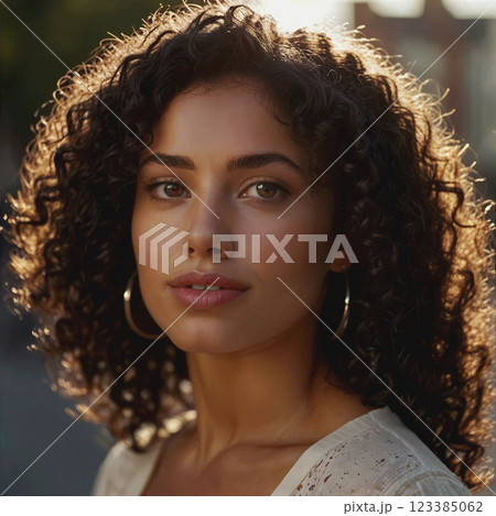 Young woman, girl with long curly hair. Deep, attentive look, slight smile on her face. Girl in casual clothes. AI generated with further retouching and processing in graphic programs 123385062